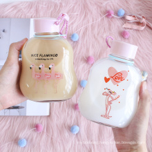 Hot Selling Various Styles of Cute Cartoon Pattern Glass Water Milk Juice Bottle with Lid